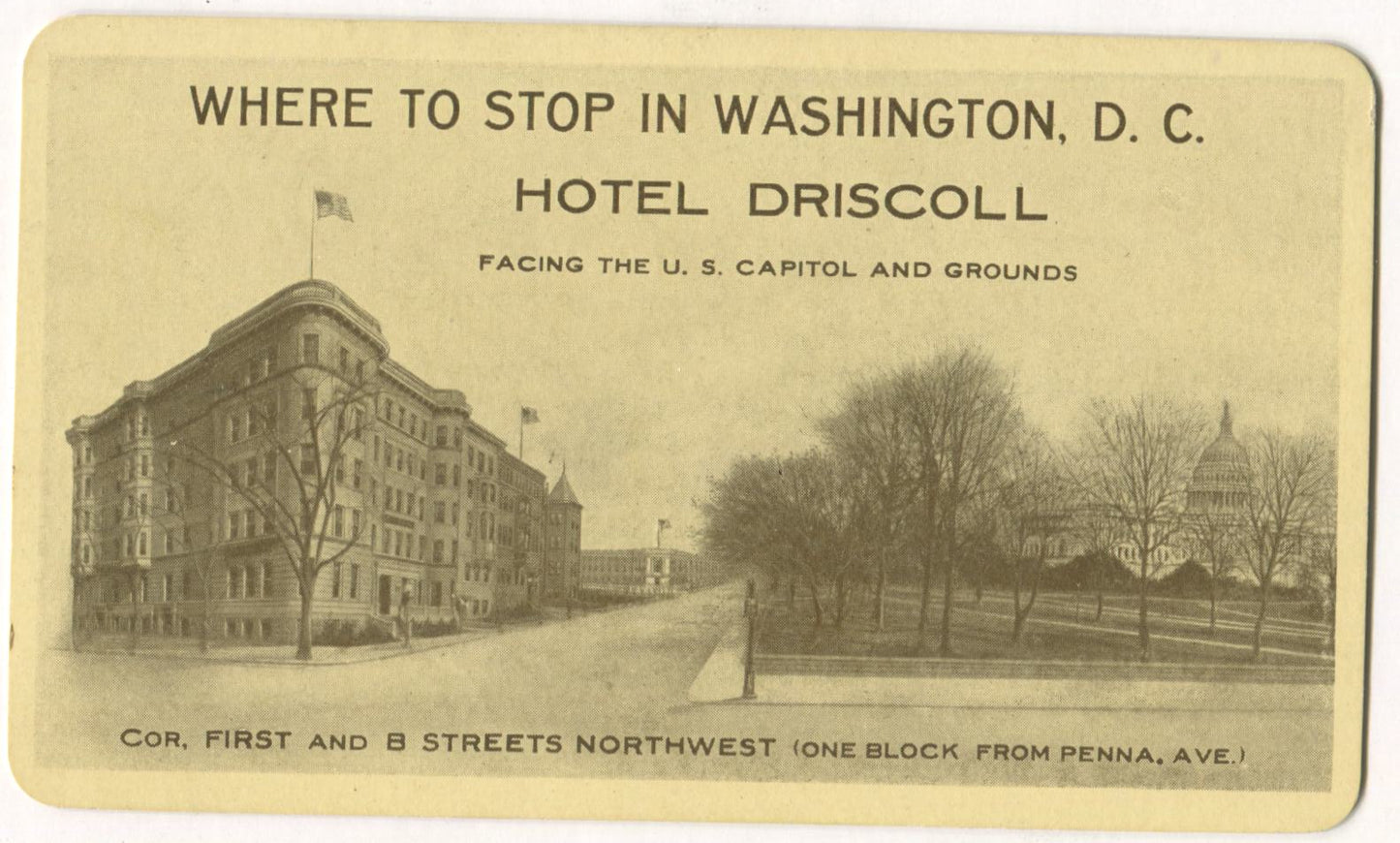 Hotel Driscoll, Washington D.C. Antique Trade Card