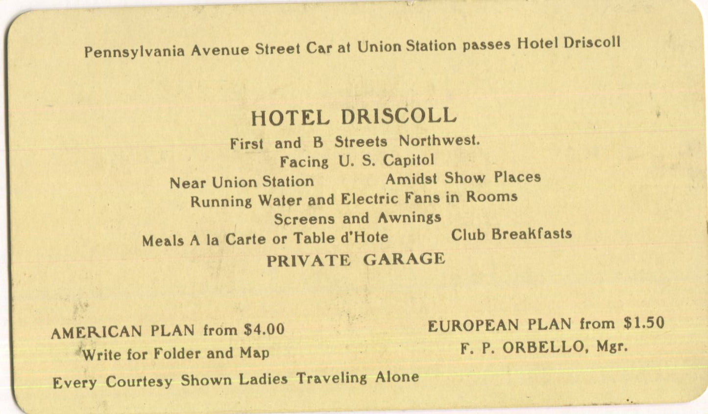 Hotel Driscoll, Washington D.C. Antique Trade Card