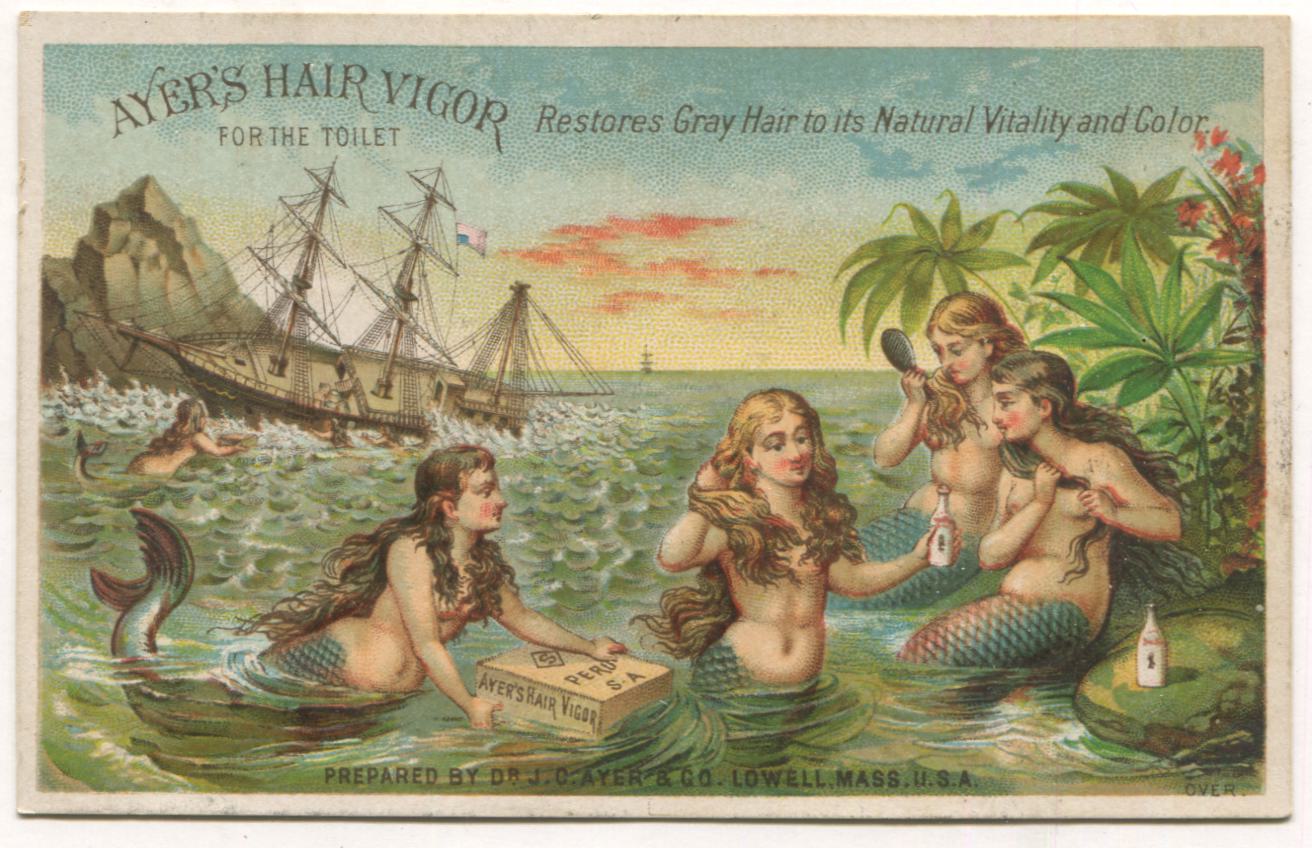 Ayer's Hair Vigor, Lowell, MA Mermaids Antique Lithographed Trade Card