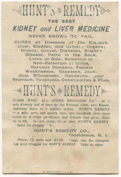 Hunt's Kidney and Liver Remedy, Providence, RI Antique Lithographed Trade Card