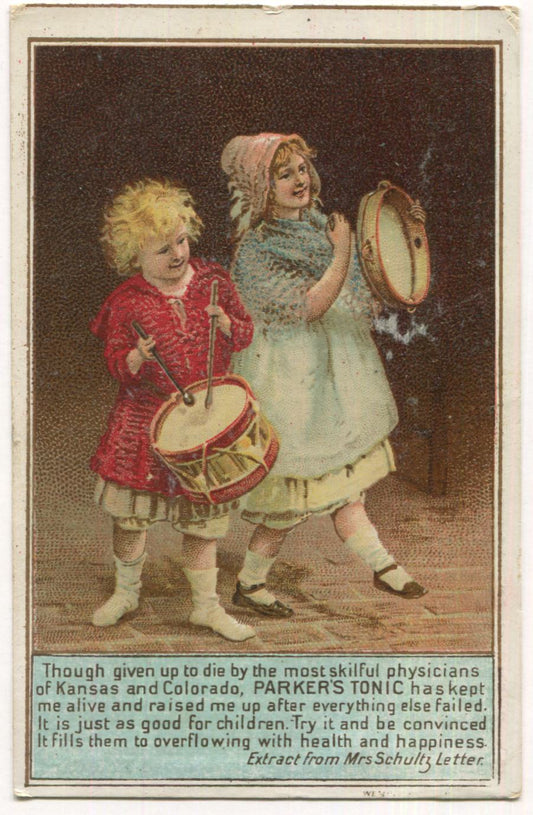 Parker's Hair Balsam, Tonic, and Hindercorns Antique Lithographed Trade Card