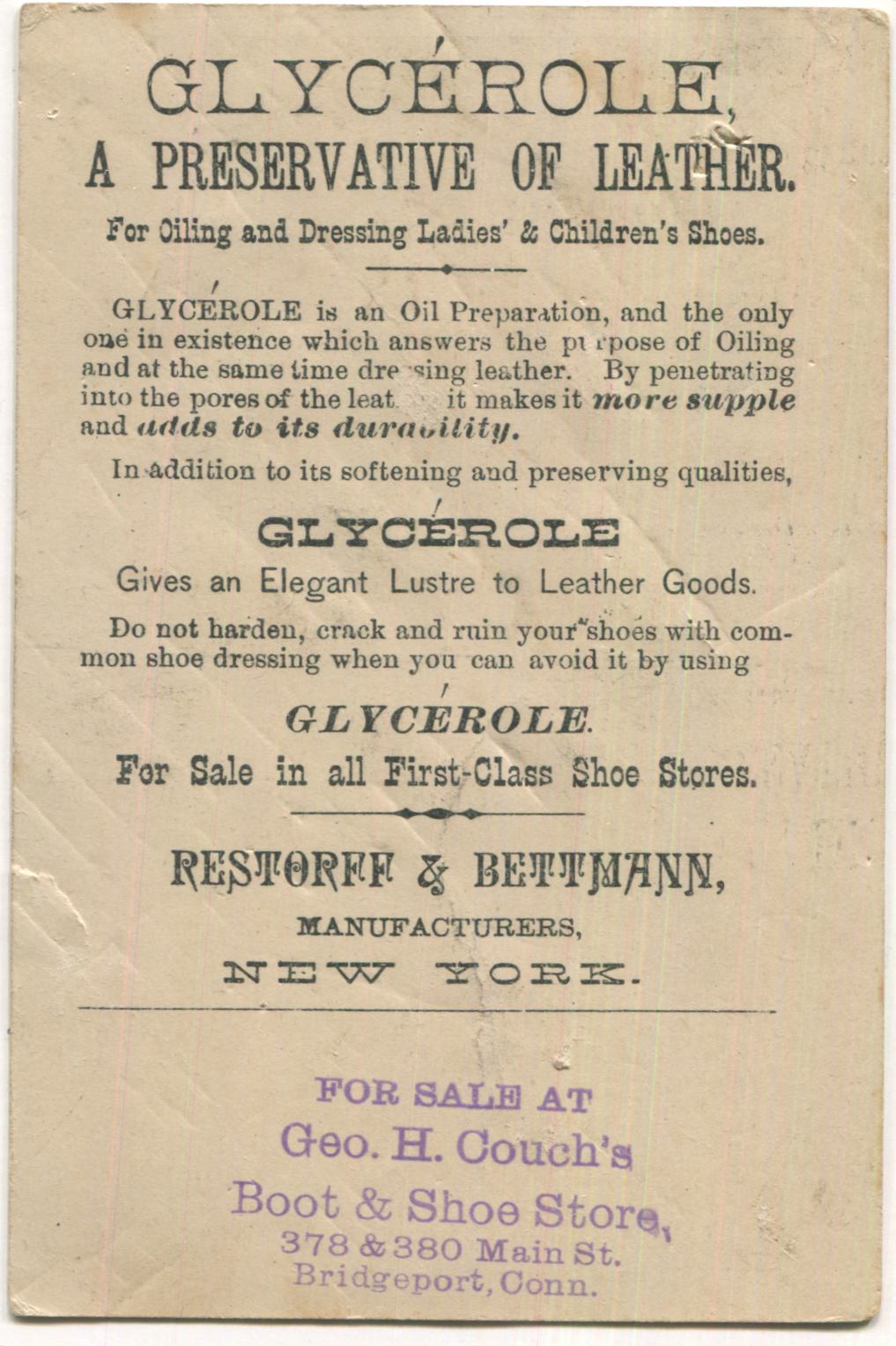 Glycerole Leather Preservative, Restorff & Bettmann, New York Antique Trade Card