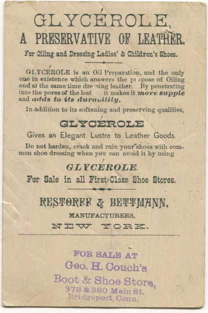Glycerole Leather Preservative, Restorff & Bettmann, New York Antique Trade Card
