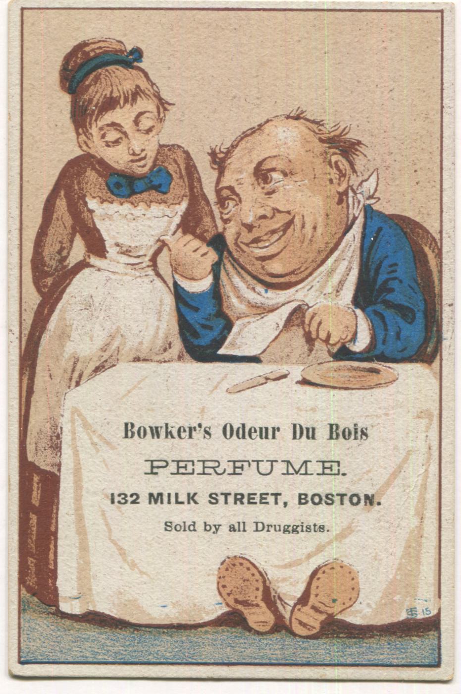 Bowker's Ordeur Du Bois Perfume, Boston, MA Antique Lithographed Trade Card