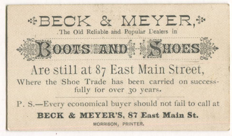 Beck & Meyer, Dealer of Boots & Shoes, Rochester, NY Antique Trade Card