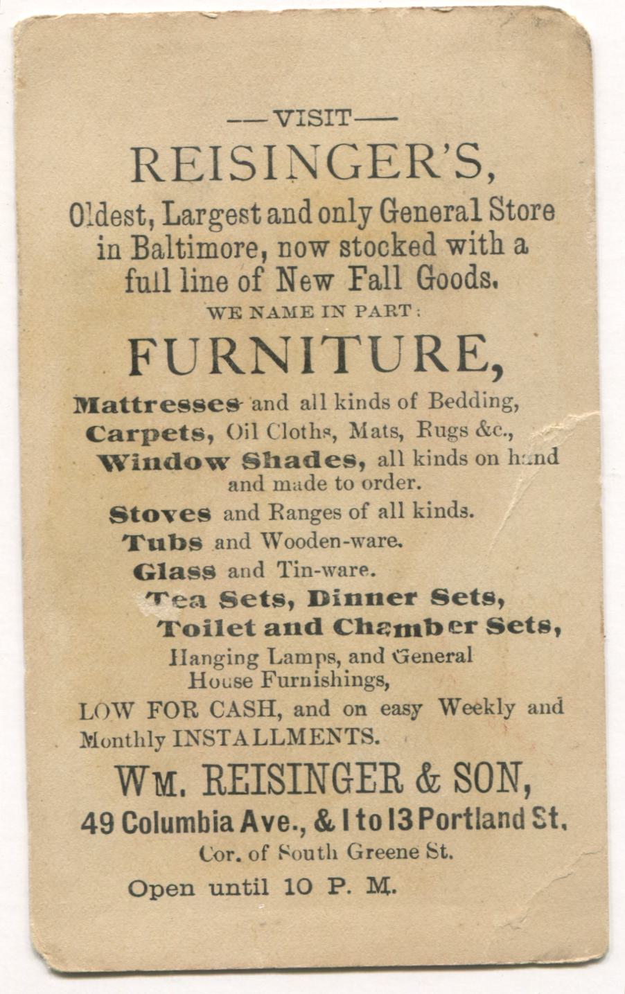 Wm. Resinger & Son General Store, Baltimore, MD Antique Lithographed Trade Card