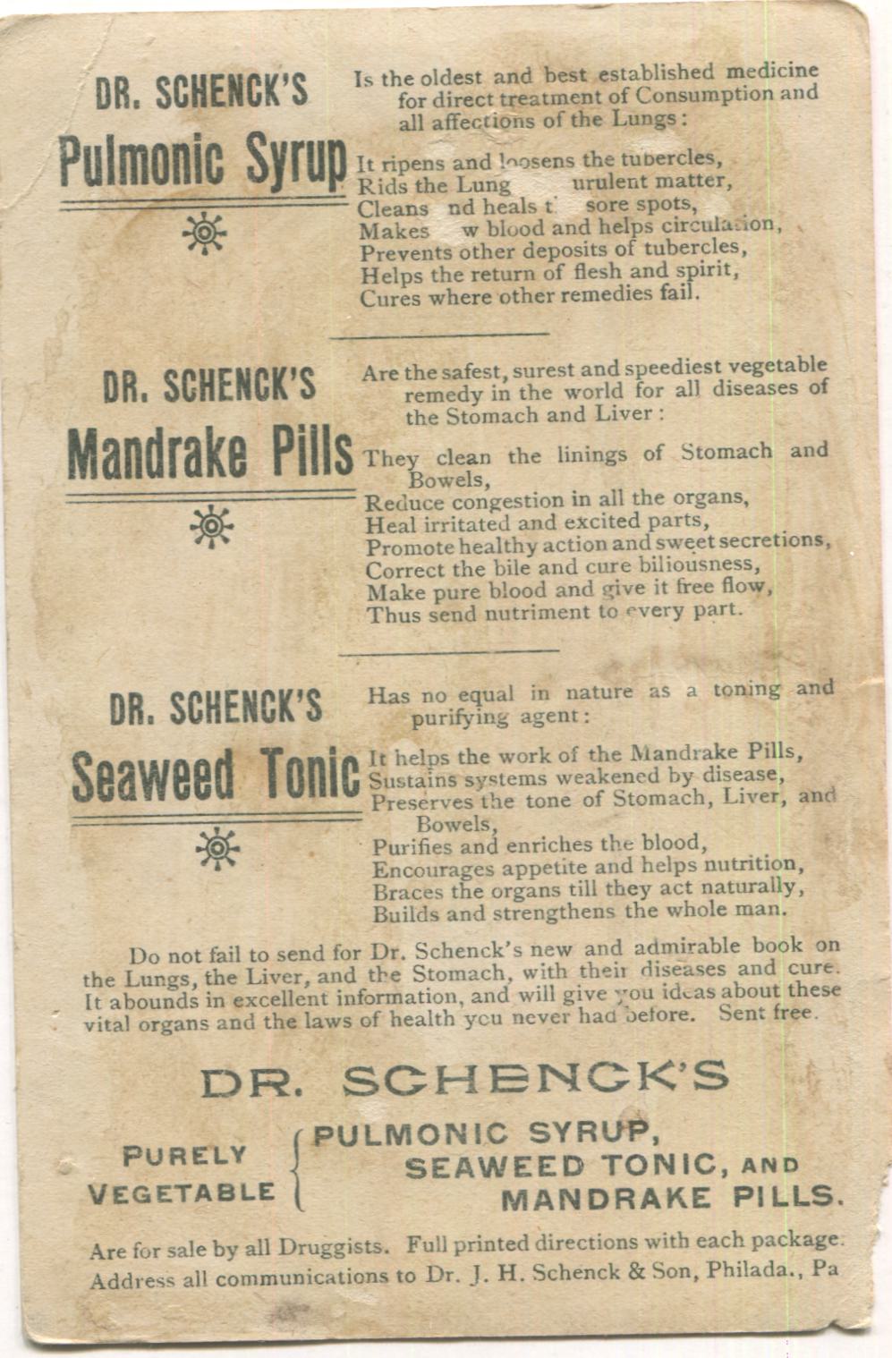 Dr. Schenck's Pills & Tonics, Philadelphia, PA Antique Lithographed Trade Card