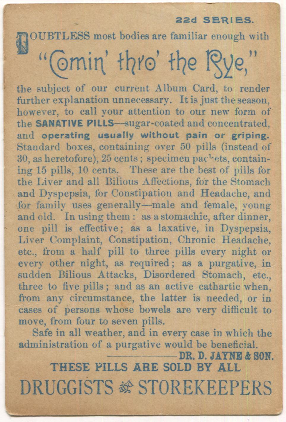 Dr. D. Jayne & Son Sanative Pills Antique Lithographed Trade Card