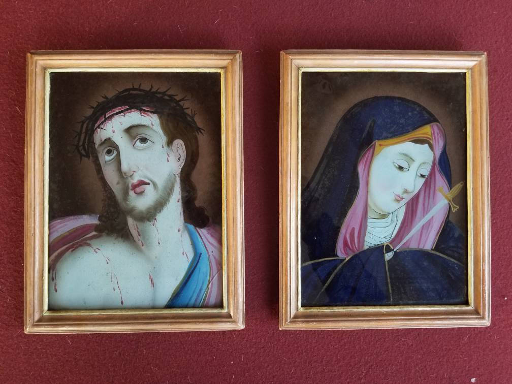 Pair of Reverse Religious Paintings with Jesus and Mary