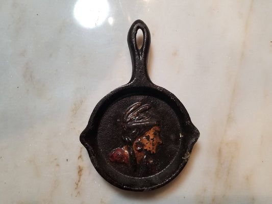 Cast Iron Skillet Ashtray with Native American Maiden, A Souvenir of Yakima, Washington