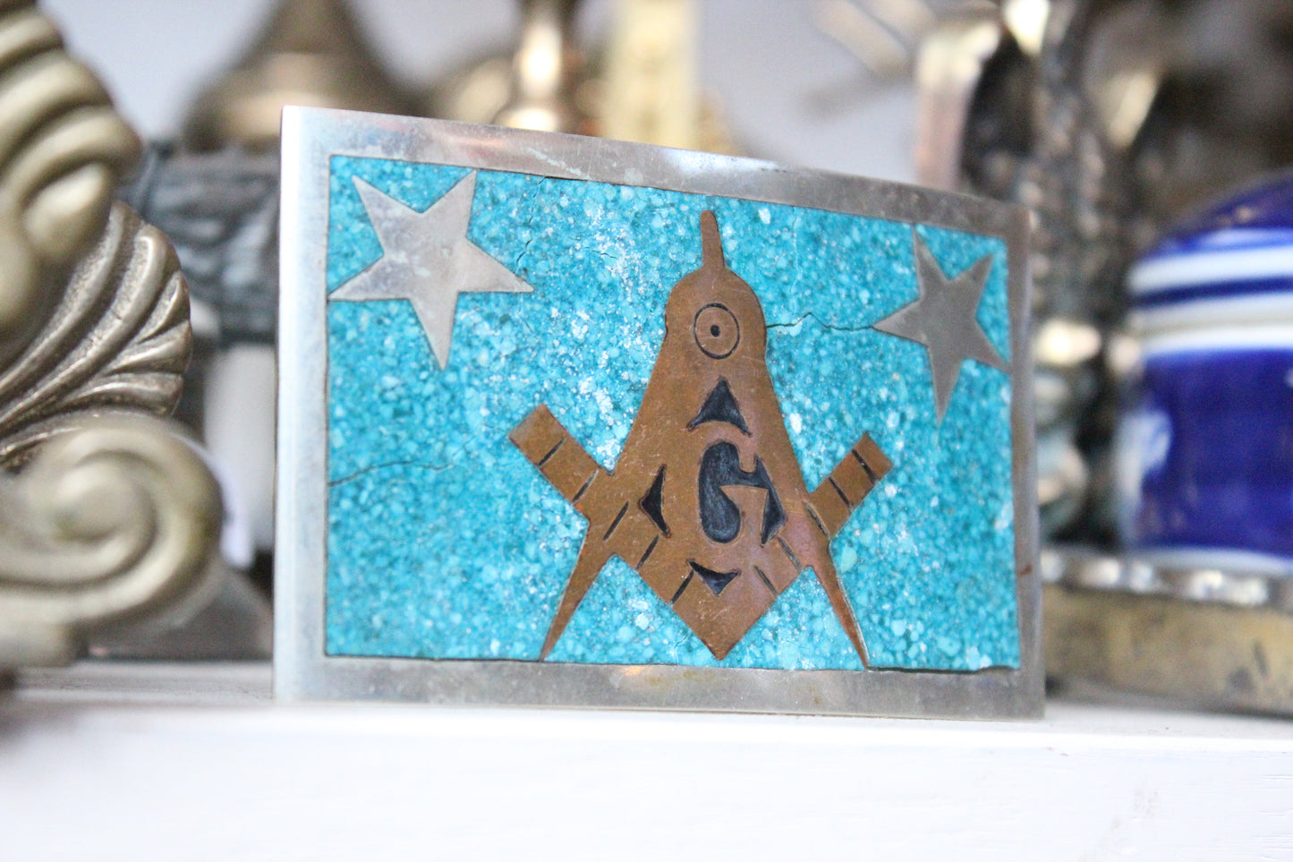 Sterling Silver Free Masons Belt Buckle with Turquoise, Brass, and Enamel Inlay by Taxco, Mexico