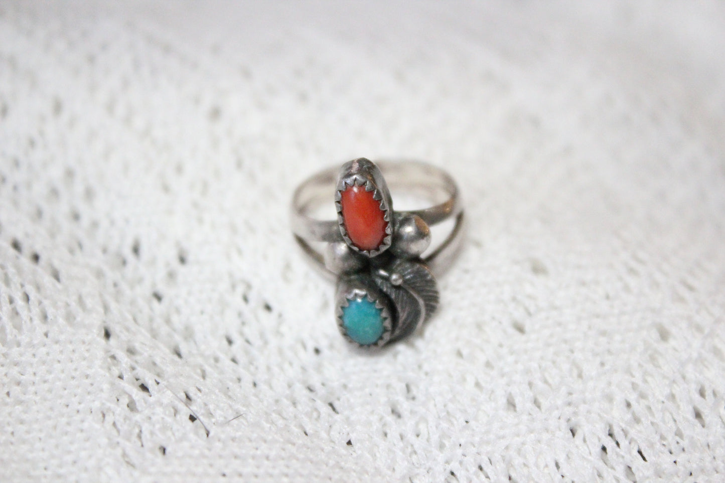 Southwest Sterling Silver Ring with Turquoise and Coral Stones and Feather, Size 6