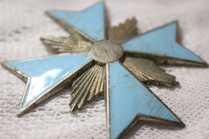 Turquoise Enamel and Metal Cross Brooch