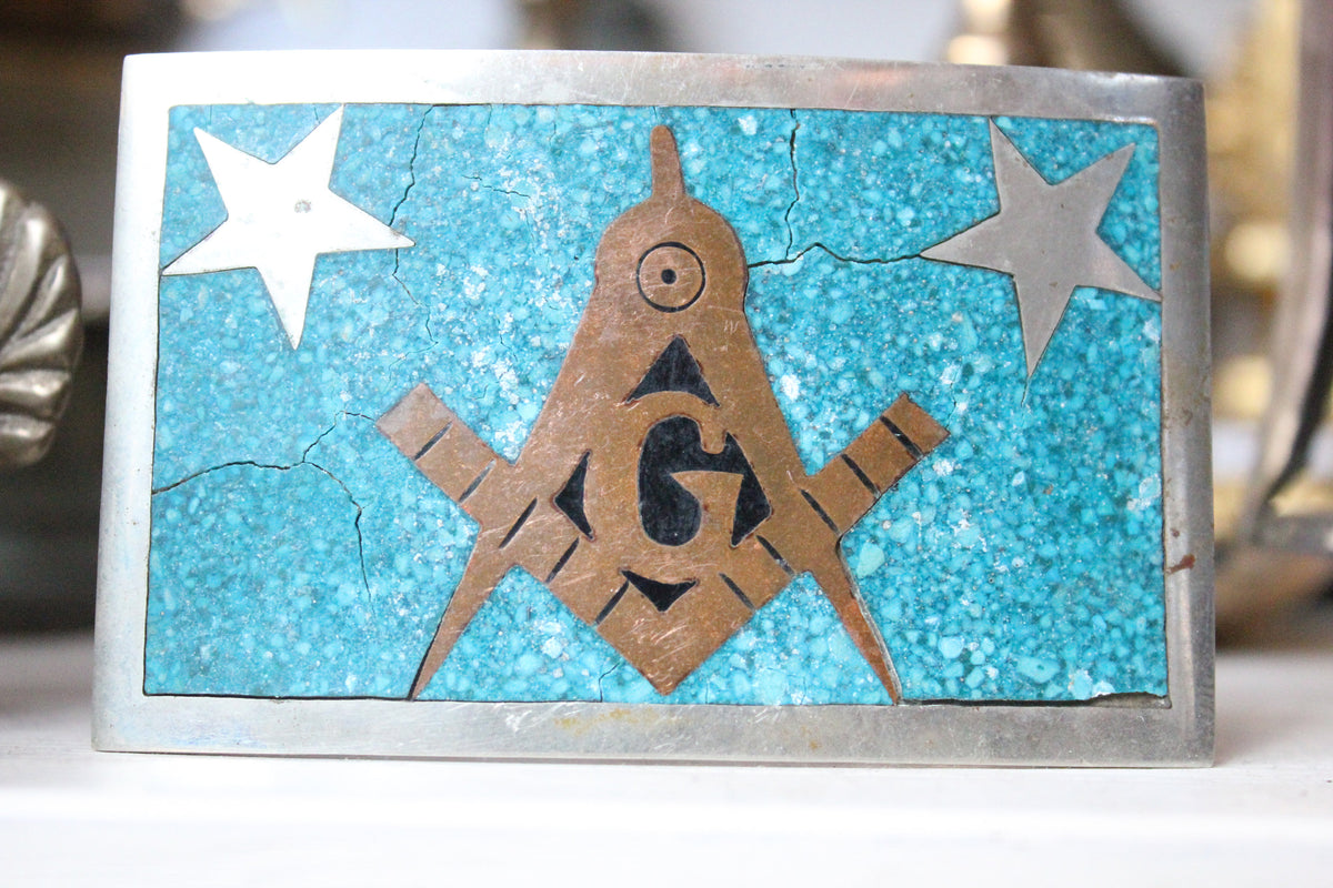 Sterling Silver Freemasons Belt Buckle With Turquoise Brass & Enamel Inlay Sterling Silver Free Masons Belt Buckle with Turquoise  main image 3