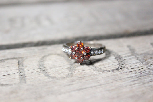 Sterling Silver Ring with Red and White Gemstones, Size 6.5