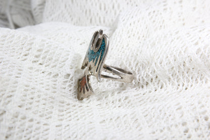 Sterling Silver Native American Thunderbird Ring with Turquoise and Coral, Size 7.25