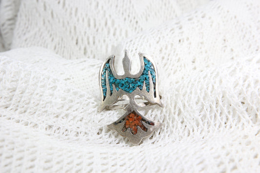 Sterling Silver Native American Thunderbird Ring with Turquoise and Coral, Size 7.25