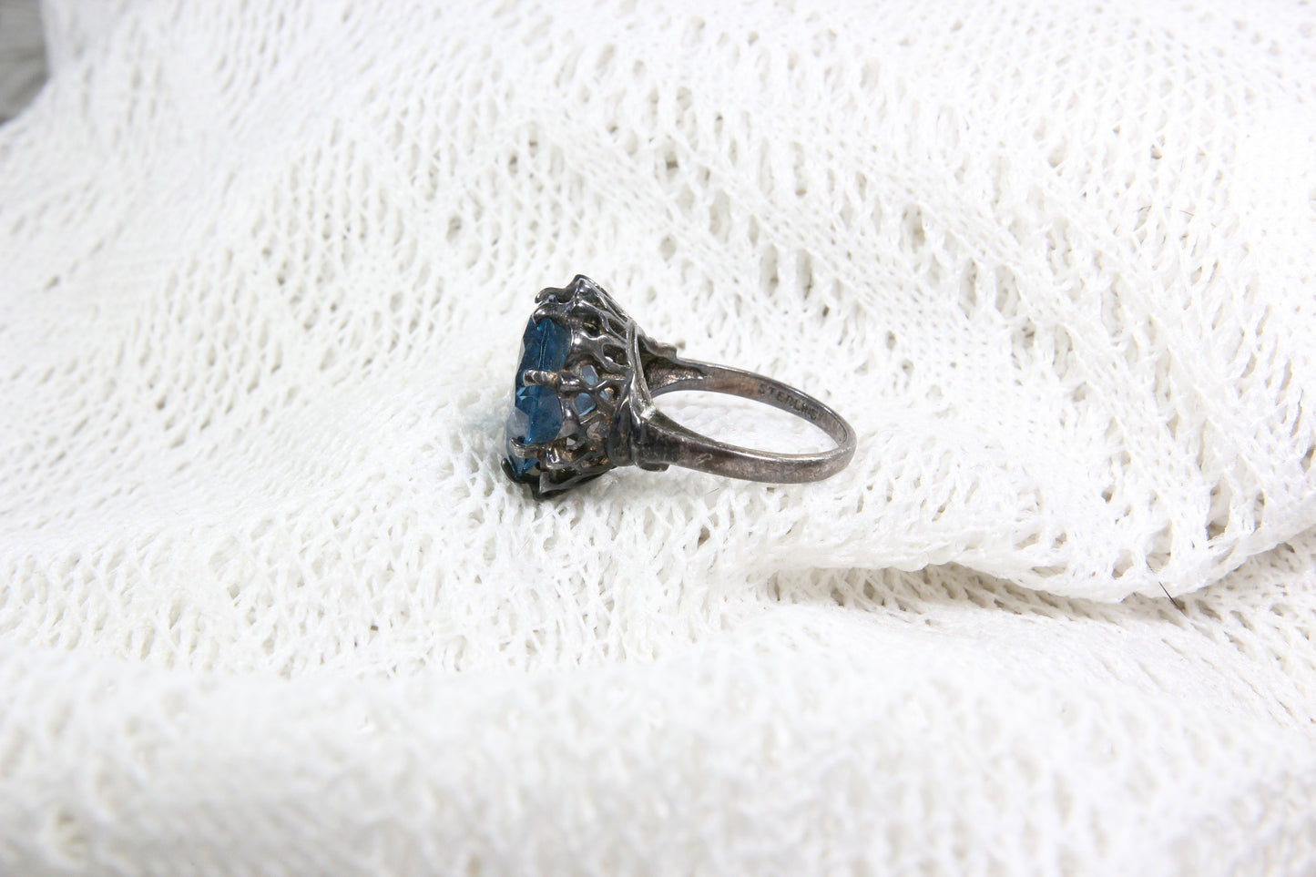 Ornate Sterling Silver Ring with Large Translucent Blue Stone, Size 7