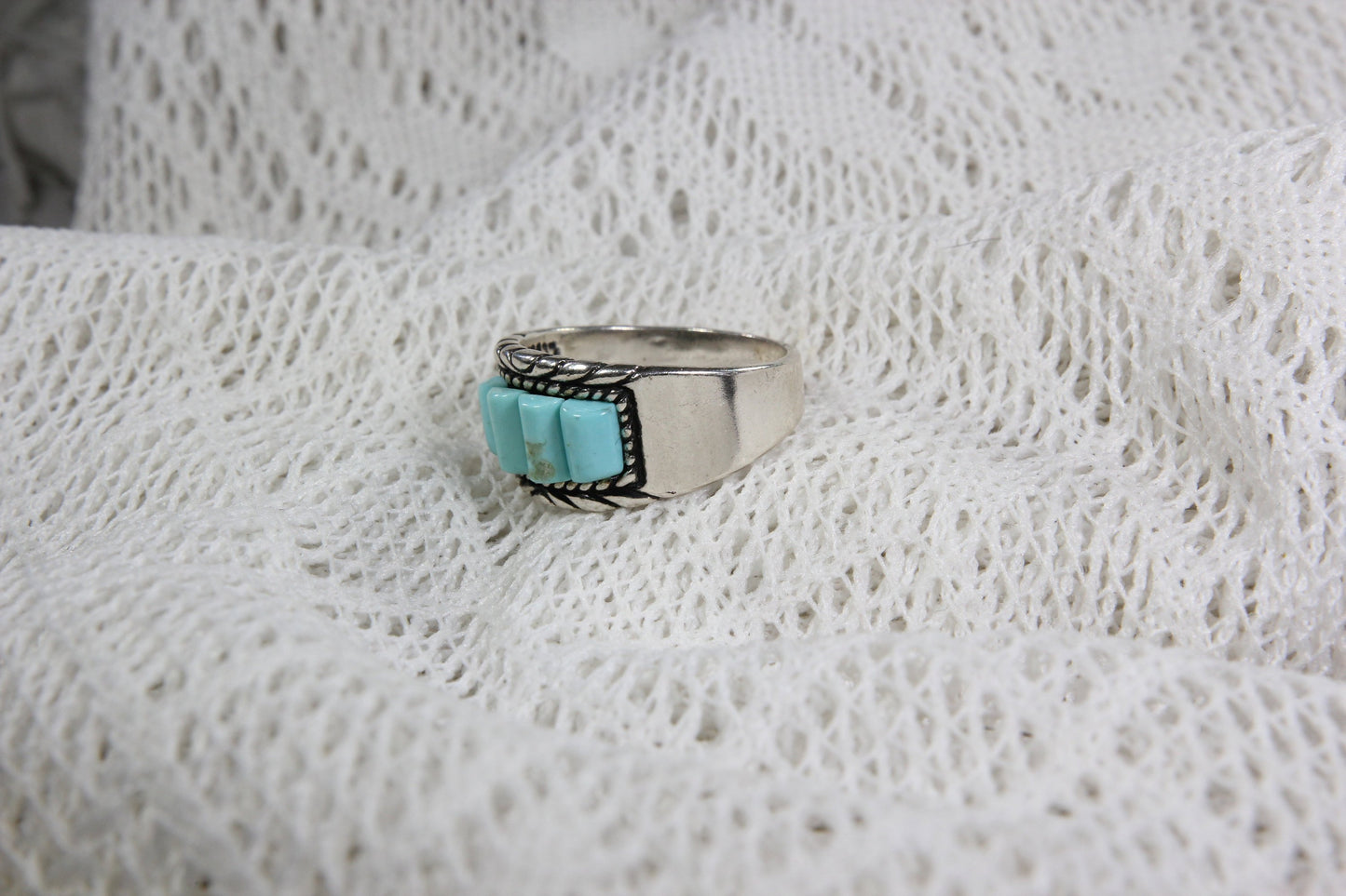 Sterling Silver Bohemian Southwest Ring with Quadruple Turqoise Stones, Size 9.5