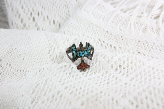 Sterling Silver Native American Thunderbird Ring with Turquoise and Coral, Size 3.5