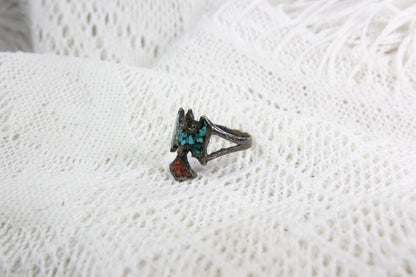 Sterling Silver Native American Thunderbird Ring with Turquoise and Coral, Size 3.5