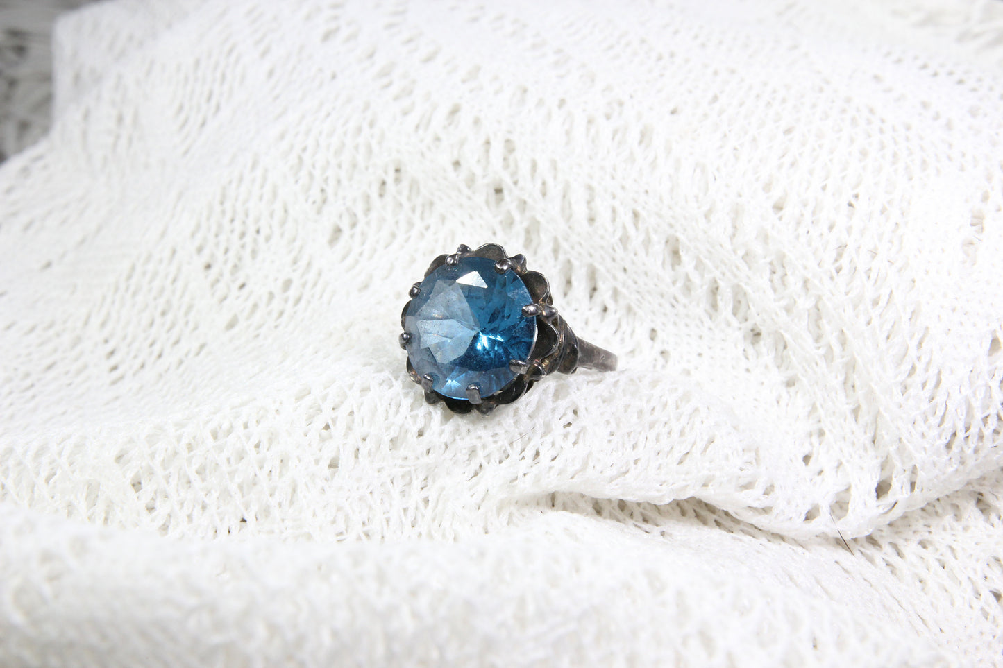 Ornate Sterling Silver Ring with Large Translucent Blue Stone, Size 7