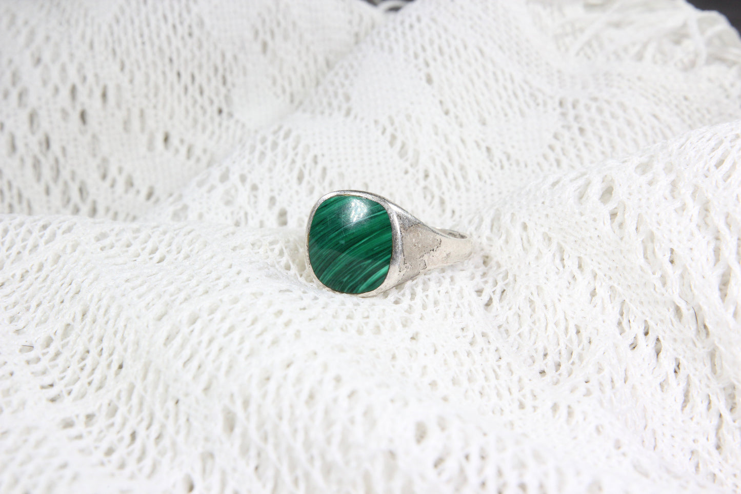 Sterling Silver Ring with Large Malachite Stone, Size 12