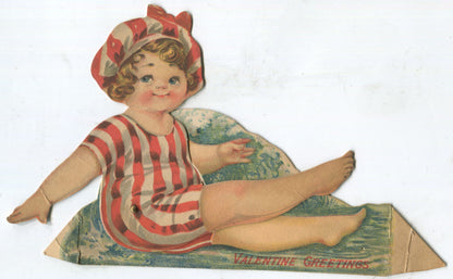 Die Cut Antique Valentine Greeting Card with Posable Paper Doll Swimmer - 8.5" x 5"