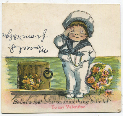 Cut Out Antique Valentine Greeting Card - "You're something to tie to!" - 4.5" x 4"