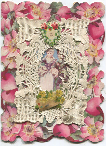 Paper Doily Antique Valentine Greeting Card, Dated 1905 - "True to Thee" - 4.75" x 6"