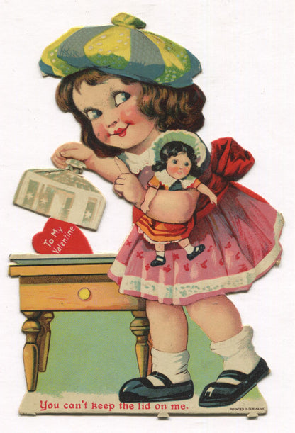 Die Cut Antique Valentine Greeting Card - "You Can't Keep a Lid on Me" - 3.5" x 6"