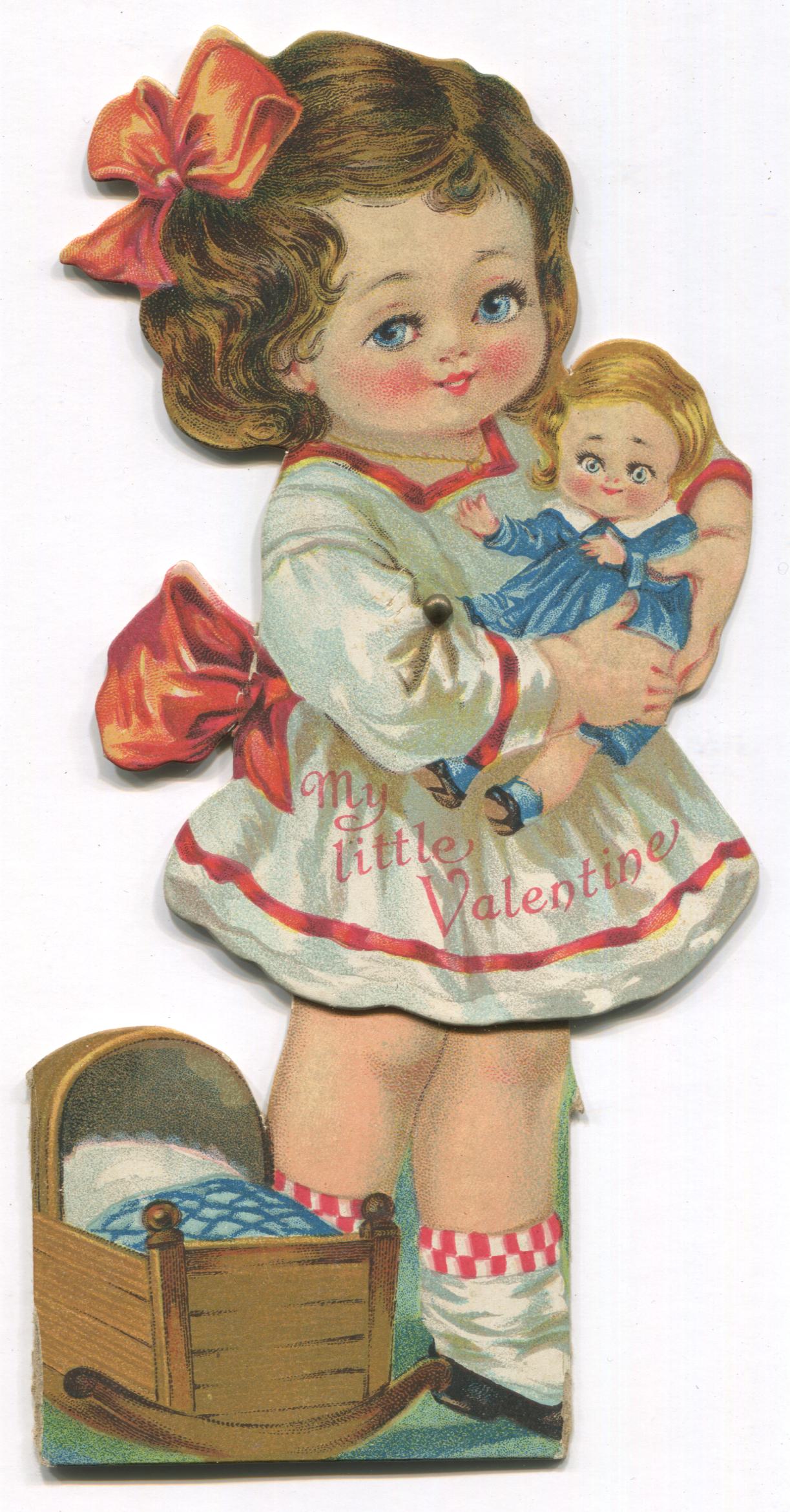 Die Cut Posable Antique Valentine Greeting Card- "My Little Valentine" - 3.5" x 7.5"