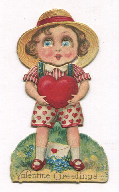 Die Cut Posable Antique Valentine Greeting Card, Made in Germany - 2" x 4"