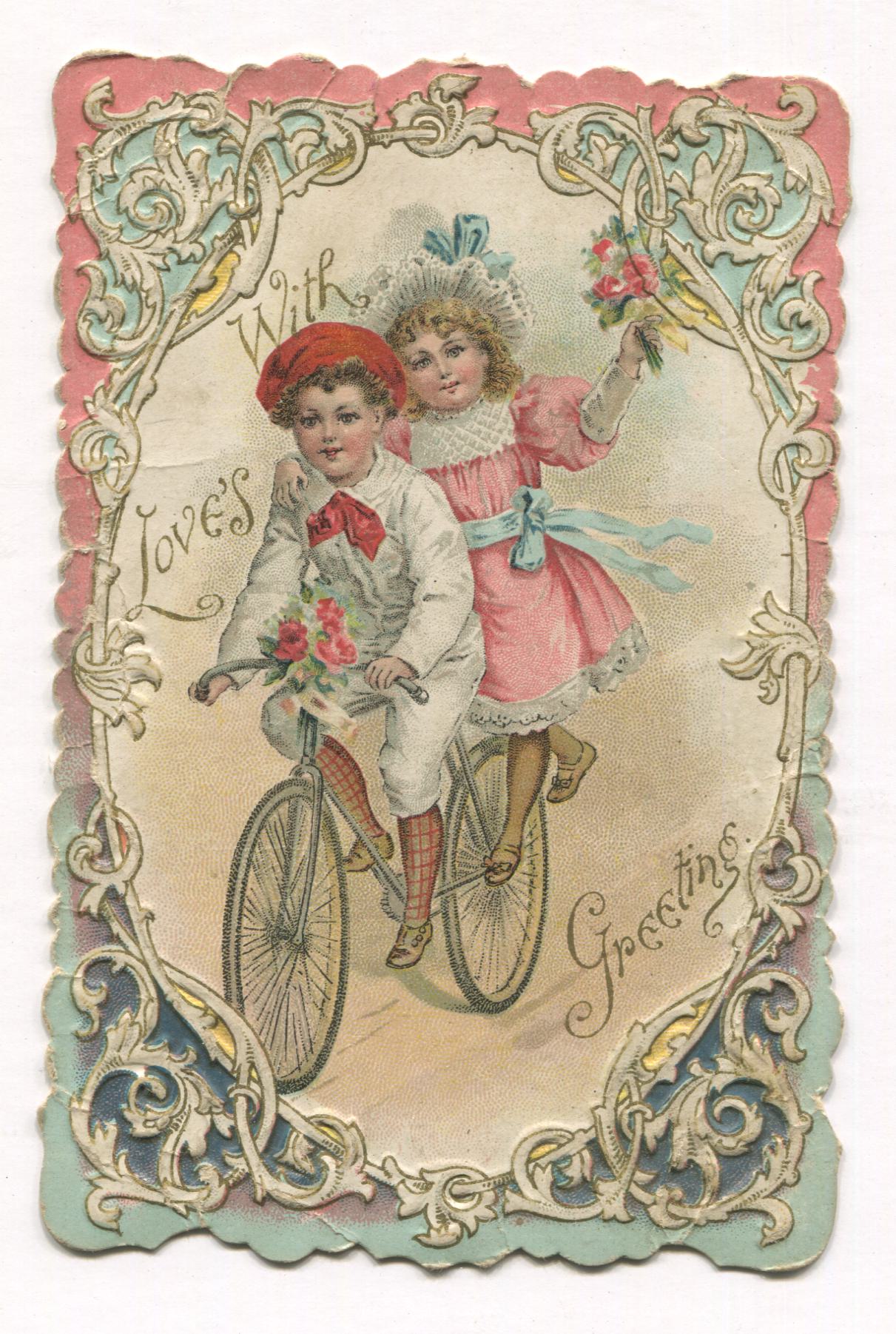 Antique Valentine Greeting Card with Bicycle Riders - "Forget Me Not" - 3.5" x 5.5"