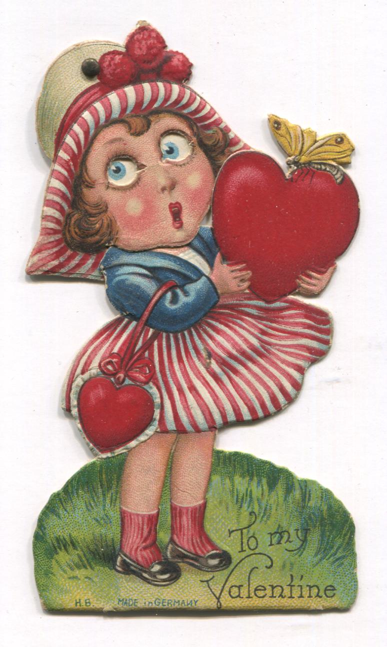 Die Cut Posable Antique Valentine Greeting Card, Made in Germany - 2" x 4"