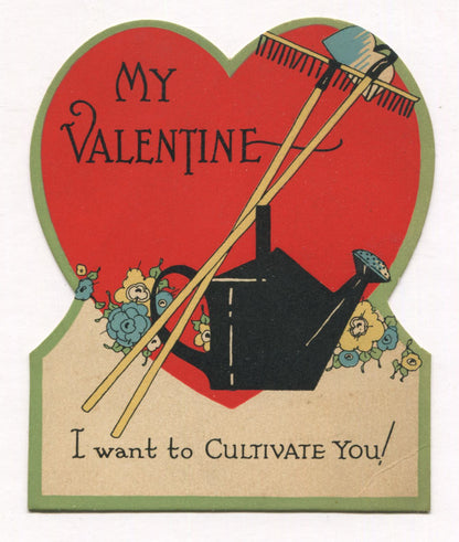 Die Cut Antique Valentine Greeting Card, Dated 1928 - "I Want to Cultivate You" - 4" x 5"
