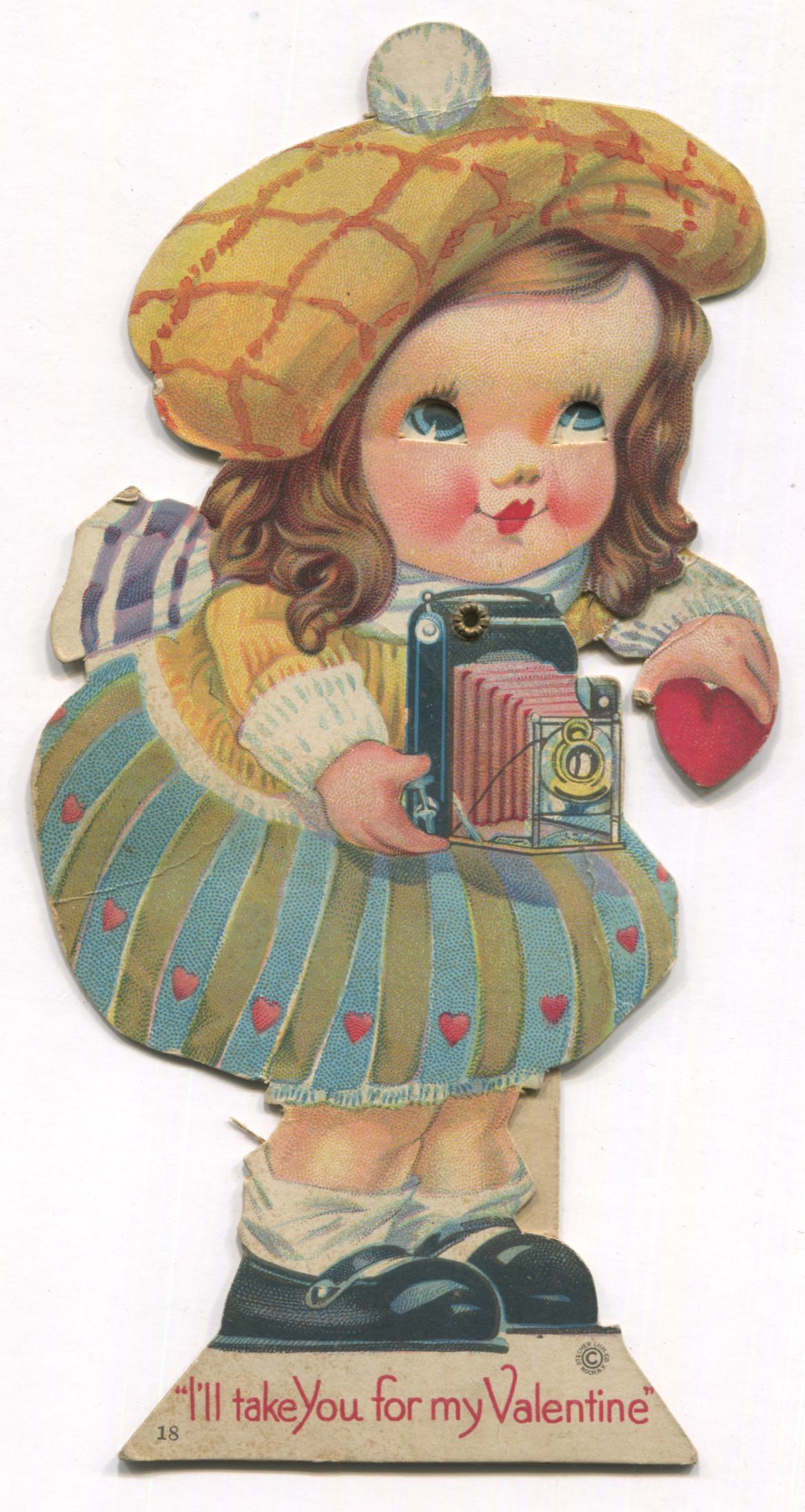 Die Cut Posable Antique Valentine Greeting Card - "I'll Take You For My Valentine" - 3.5" x 7"