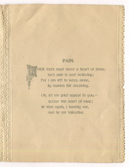 Antique Valentine Greeting Card, Dated 1903 - "Pain" - 5" x 6.5"