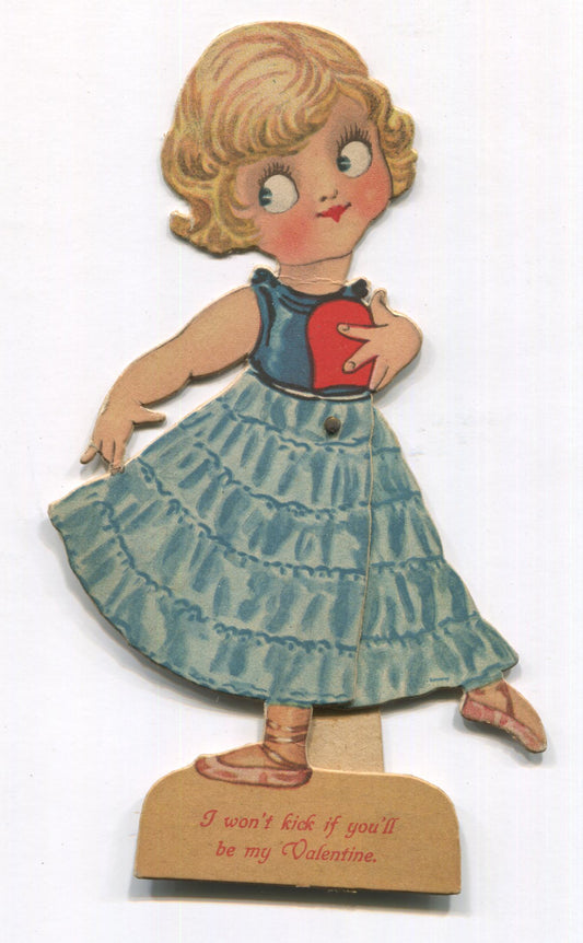 Die Cut Posable Antique Valentine Greeting Card Dancer - "I Won't Kick" - 4 x 7"