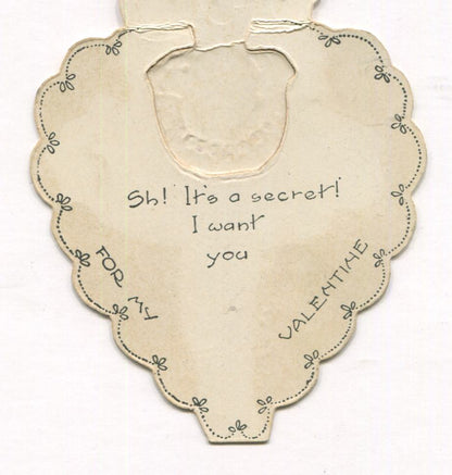 Die Cut Fold Up Antique Valentine Greeting Card, Dated 1924 - "It's a Secret" - 2.75 x 4"
