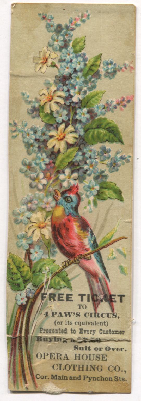 Opera House Clothing Co. Antique Trade Card Free Circus Ticket - 1.5" x 5"