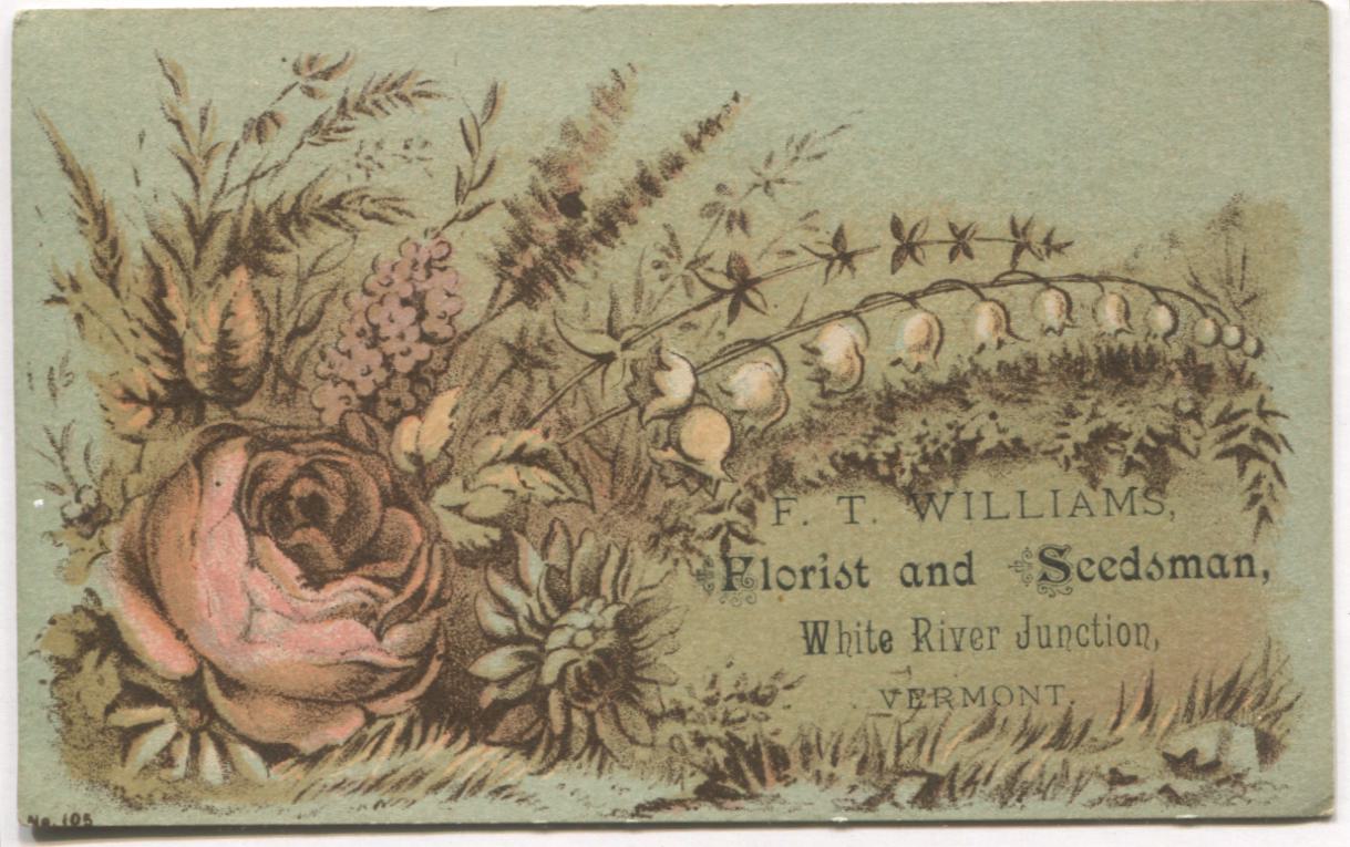 F.T. Williams Florist, White River Jct, Vermont Antique Trade Card - 4" x 2.5"