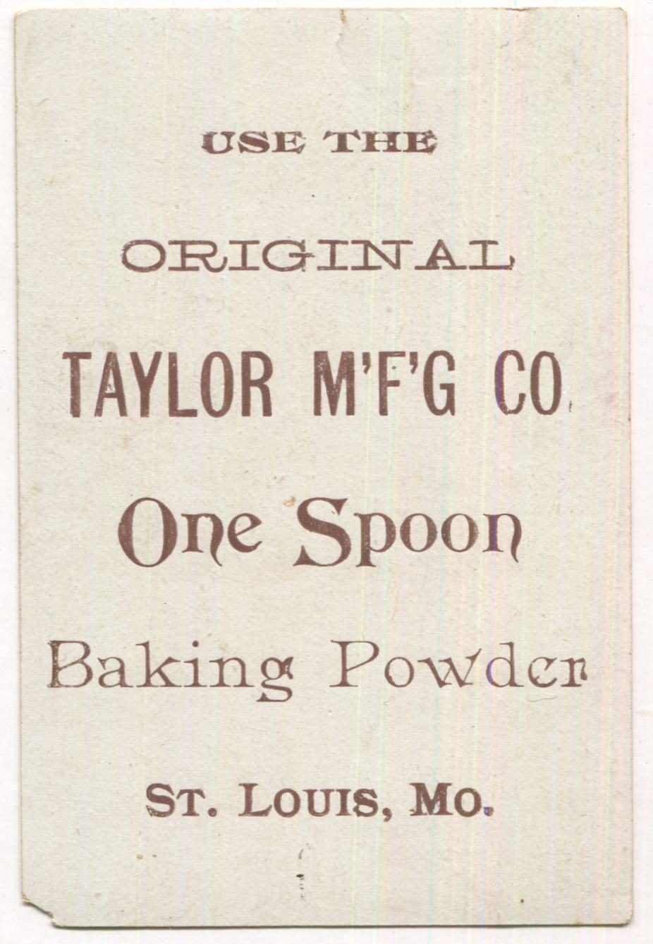 Taylor MFG Baking Powder, St Louis, MO Antique Trade Card - 3" x 4.25" (Pink)