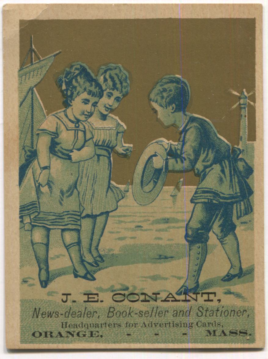 J.E. Conant NewsDealer & BookSeller, Orange, MA, Antique Trade Card - 3" x 3.75"