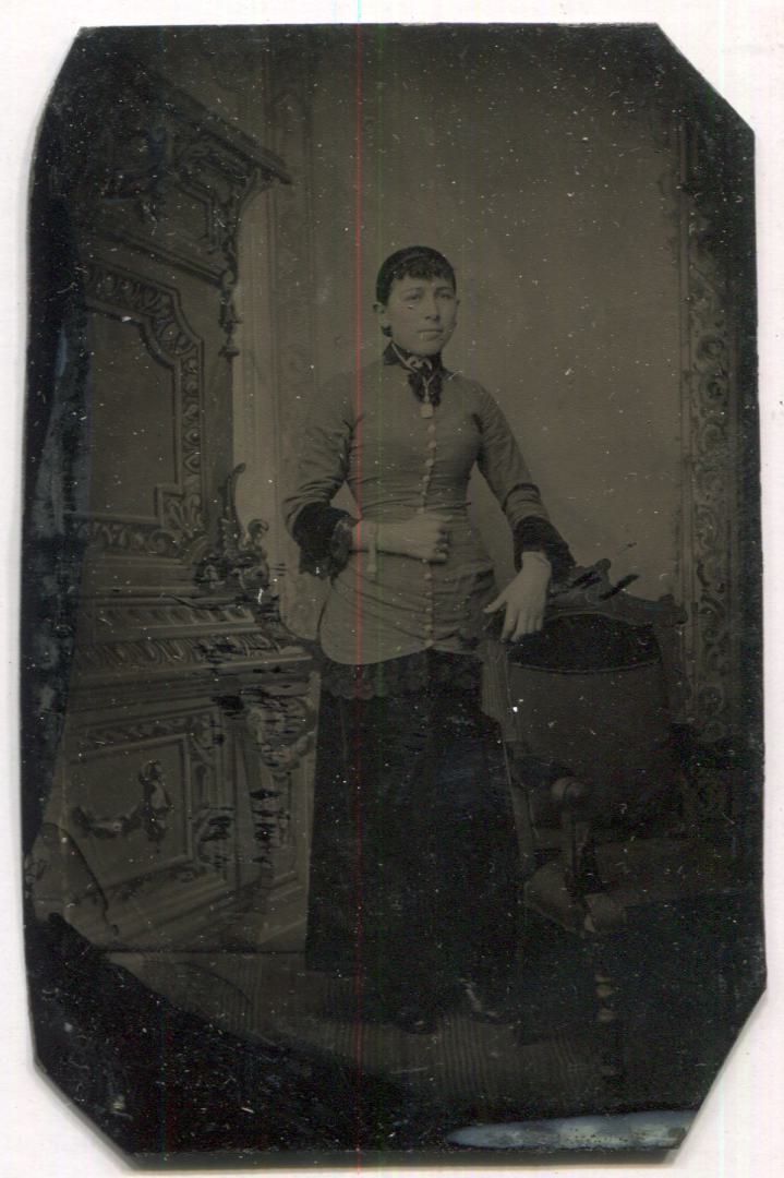 Tintype Photograph of a Woman Leaning on a Chair