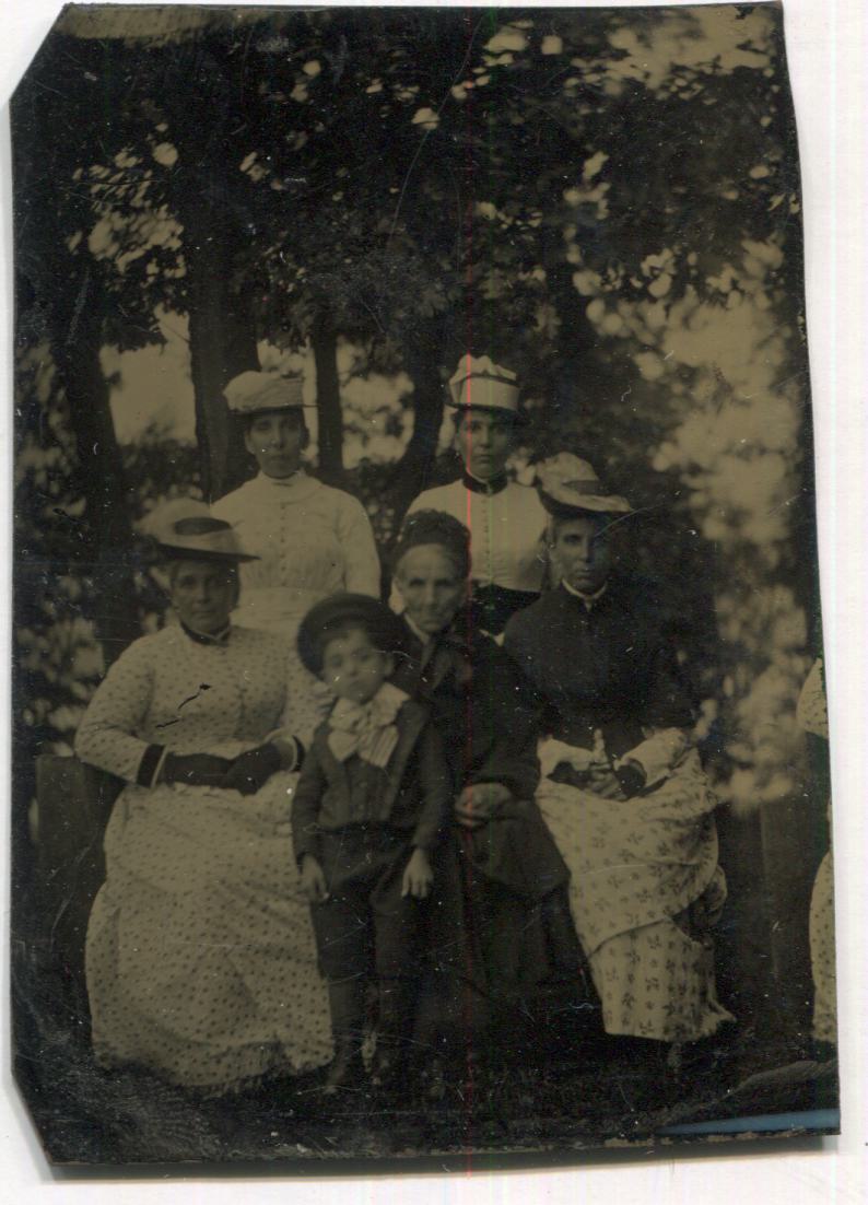 Tintype Group Photograph of Five Women and a Young Boy Outdoors