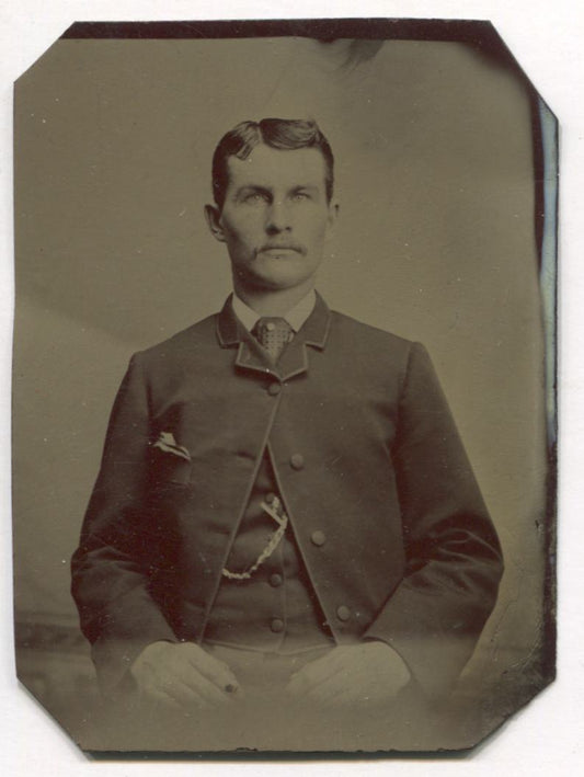 Tintype Photograph of a Man with a Mustache and a Watch Chain