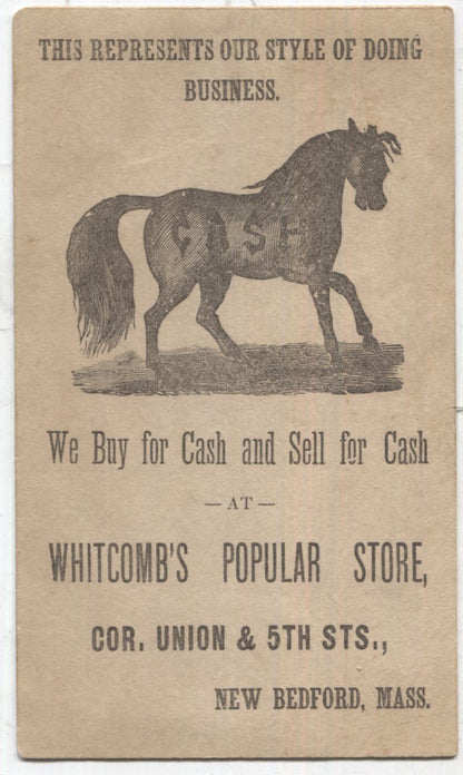 Whitcomb's Popular Store Antique Trade Card, New Bedford, MA - 2.75" x 4.5"