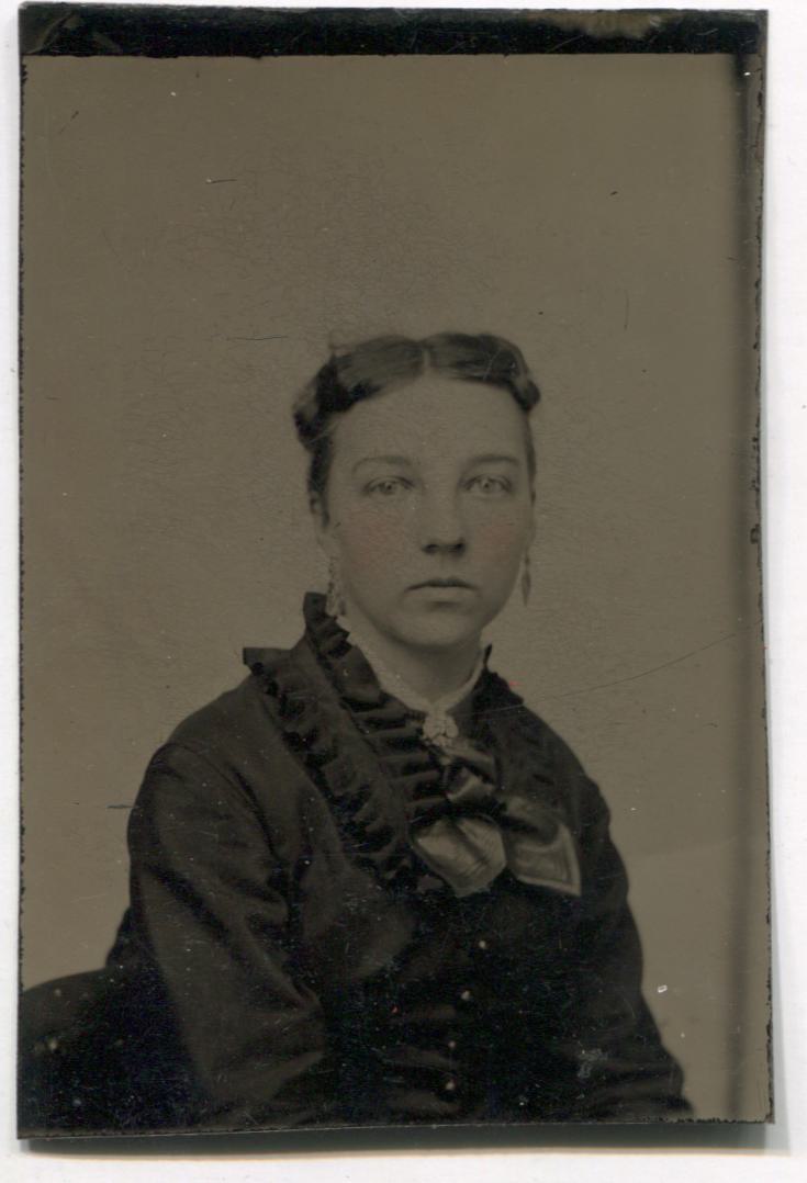 Tintype Photograph of a Woman with a Ruffled Collar and Dangly Earrings