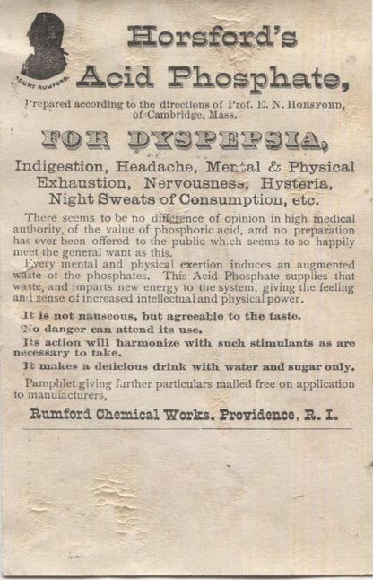 Horsford's Acid Phosphate Antique Trade Card, Providence,  RI - 3" x 5"